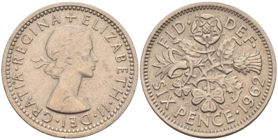 Великобритания 6 пенсов 1962 Елизавета II (1952-2022) KM 903, Spink 4149 медно-никель 4115-733