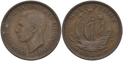 Великобритания 1/2 пенни 1938 Георг VI (1936-1952) KM 844, Spink 4115 бронза 4146-215