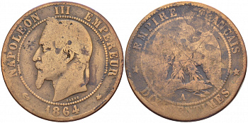 Франция 10 сантимов 1864 A, Наполеон III (1852-1870) KM 798.1, Le Franc 134.11 бронза 3460-925