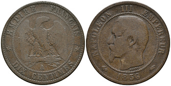 Франция 10 сантимов 1856 A, Наполеон III (1852-1870) KM 771.1, Le Franc 133.32 бронза 32-922