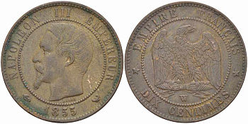 Франция 10 сантимов 1855 W, Наполеон III (1852-1870) KM 771.7, Le Franc 133.30 бронза 38-1025