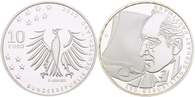 ФРГ 10 евро 2012 J, 150 ЛЕТ СО ДНЯ РОЖДЕНИЯ ГЕРХАРДА ХАУПМАНА KM 312 серебро PROOF 1082-9-42