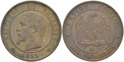 Франция 10 сантимов 1855 W, Наполеон III (1852-1870) KM 771.7, Le Franc 133.30 бронза 38-1025