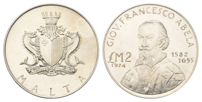 Мальта 2 лиры (фунта) 1974 Джованни Франческо Абела KM 24 серебро BU 270-542