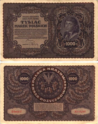 Польша 1000 марок 1919 23 августа 1919, II серия, портрет Костюшко, серия U Pick 29 (2)  бумага   8609-11-1-1