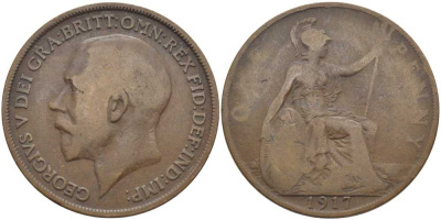 Великобритания 1 пенни 1917 Георг V (1910-1936) KM 810, Spink 4051 бронза 3460-743