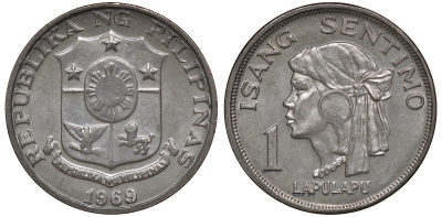 Филиппины 1 сентимо 1969 вождь острова Мактан Лапу-Лапу KM 196 алюминий UNC M51-15