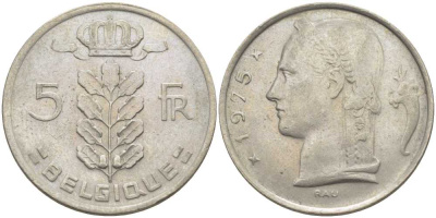 БЕЛЬГИЯ 5 ФРАНКОВ 1975 BELGIQUE, БОДУЭН I (1951-1993) KM 134.1 медно-никель 119-735