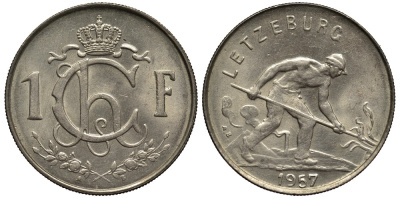 Люксембург 1 франк 1957 Шарлотта (1918-1964), сталевар KM 46.2 медно-никель 4538-923