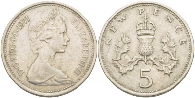 Великобритания 5 пенсов 1971 Елизавета II (1952-2022) KM 911, Spink 4233 (D1) медно-никель 217-715