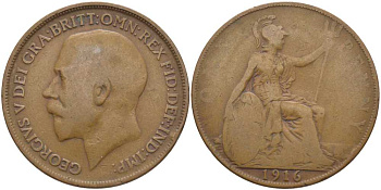 Великобритания 1 пенни 1916 Георг V (1910-1936) KM 810, Spink 4051 бронза 3460-735