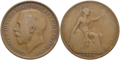 Великобритания 1 пенни 1916 Георг V (1910-1936) KM 810, Spink 4051 бронза 3460-735