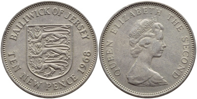 ДЖЕРСИ 10 ПЕНСОВ 1968 ЕЛИЗАВЕТА II KM 33 медно-никель 4394-511