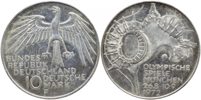 ФРГ 10 МАРОК 1972 F, ОЛИМПИАДА, СТАДИОН KM 133, J.404 серебро UNC 1520-1445