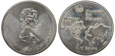 Канада 10 долларов 1973 XXI летние Олимпийские игры в Монреале 1976 года, Канада на карте мира KM 86.1 серебро  UNC  11-150-35