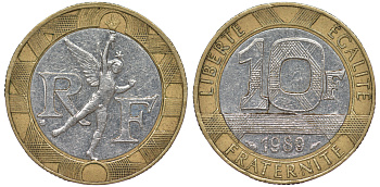 Франция 10 франков 1989 тип гений Бастилии KM 964.1, Le Franc 375.3 биметалл  45-641