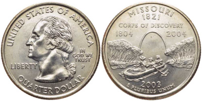 США 25 центов = квотер 2003 P, серия штаты США, Миссури KM 346 медь плакированная медно-никелем UNC M49-18