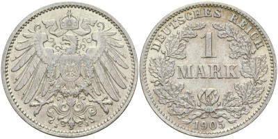 Германия 1 марка 1905 J Weege 18, J. 17, KM 14 серебро aUNC 413-5731