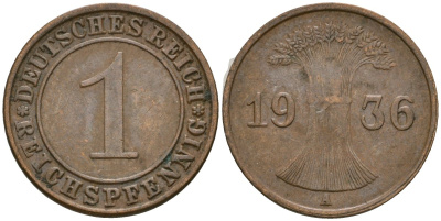 Германия 1 рейхспфенниг 1936 A KM 37, J. 313 бронза 4528-745