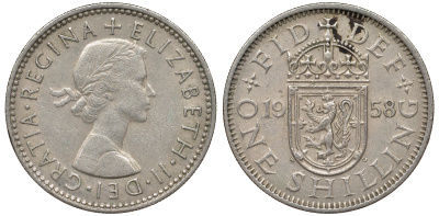 Великобритания 1 шиллинг 1958 Елизавета II (1952-2022), Шотландский герб KM 905, Spink 4148 медно-никель 62-846