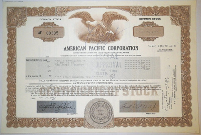 США 810 акций 1987 American Pacific Corporation бумага 8805-31-1