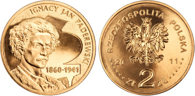 Польша 2 злотых 2011 MW, 70 лет со дня смерти Игнация Яна Падеревского (1860-1941) KM 789 нордик UNC 4676-824