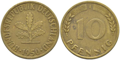 ФРГ 10 пфеннигов 1950 J KM 108, J. 383 сталь плакированная латунью 175-736