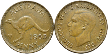 Австралия 1 пенни 1950 m, Георг VI (1936-1952), кенгуру KM 43 бронза 4394-346