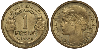 ФРАНЦИЯ 1 ФРАНК 1932 ТИП MORLON KM 885, LE FRANC 219.3 алюминиевая бронза 202-134