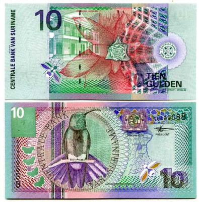Суринам 10 гульденов 2000 колибри-манго, цветок Pick 147 бумага UNC (пресс) 447-77-1
