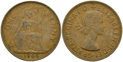 Великобритания 1 пенни 1965 Елизавета II (1952-2022) КМ 897, Spink 4157 бронза 4120-821