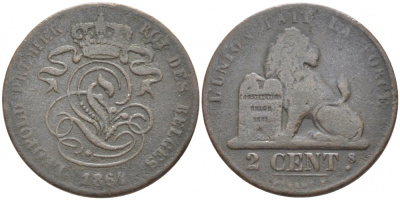 БЕЛЬГИЯ 2 САНТИМА 1864 BELGES KM 4.2 медь 110-542