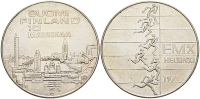Финляндия 10 марок 1971 S-H, X Чемпионат Европы по легкой атлетике KM 52 серебро UNC 1091-4-42