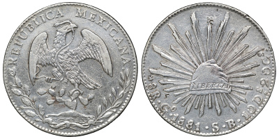 Мексика 8 реалов 1881 GO S.B. KM 377.8 серебро 00-1067-8-42