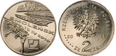 Польша 2 злотых 2011 MW, авиакатастрофа президентского самолета в Смоленске 10.IV.2010 KM 769 нордик UNC 4511-1144