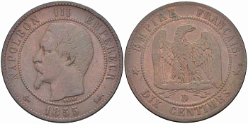 ФРАНЦИЯ 10 САНТИМОВ 1855 D, НАПОЛЕОН III (1852-1870) KM 771.4, LE FRANC 133.25 бронза 38-1043
