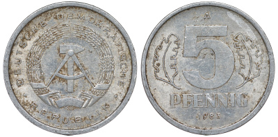 ГДР 5 ПФЕННИГОВ 1983 A КМ 9.2 алюминий 62-524