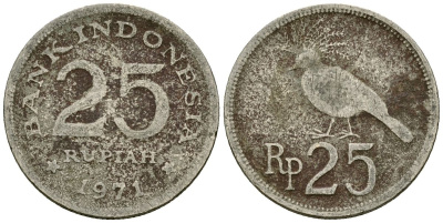 Индонезия 25 рупий 1971 венценосный голубь KM 34 медно-никель 4136-1042