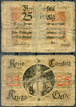 Германия, Косфельд 25 пфеннигов 1918 нотгельд, 5 цифр в номере Tieste 1185.05.01 бумага 444-75-1-2