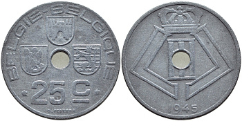 Бельгия 25 сантимов 1945 Belgie-Belgique, Леопольд III (1934-1947), германская оккупация KM 132 цинк 86-1656