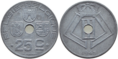 Бельгия 25 сантимов 1945 Belgie-Belgique, Леопольд III (1934-1947), германская оккупация KM 132 цинк 86-1656