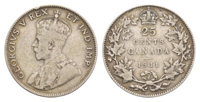 Канада 25 центов 1911 Георг V (1910-1936), год-тип KM 18 серебро 1518-1612