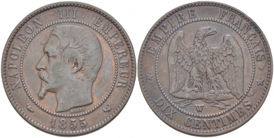 Франция 10 сантимов 1855 W, Наполеон III (1852-1870) KM 771.7, Le Franc 133.30 бронза 1515-324