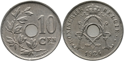 БЕЛЬГИЯ 10 САНТИМОВ 1924 BELGIE KM 86 медно-никель 4179-512