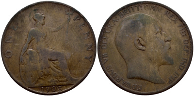 Великобритания 1 пенни 1903 Эдуард VII (1901-1910) KM 794.2, Spink 3990 бронза 4683-622