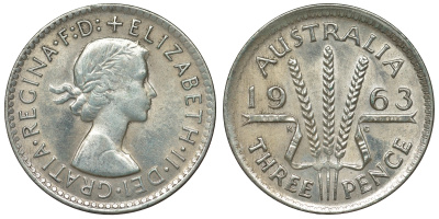 Австралия 3 пенса 1963 m, Елизавета II (1952-2022) KM 57 серебро 71-932
