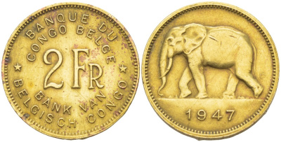 Бельгийское Конго 2 франка 1947 слон KM 28 латунь 4541-1025