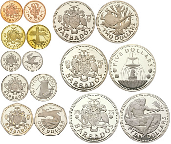 Барбадос полный набор из 8 монет (1, 5, 10 и 25 центов; 1, 2, 5 и 10 долларов) 1976 10 лет независимости KM (19-24, 25a, 26a) серебро и другие металлы PROOF 5-4-4-02