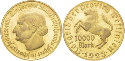 Германия, Вестфалия 10000 марок 1923 Штейн, лошадь, 44,5 мм J. N 20 а медь цинк 1519-1224