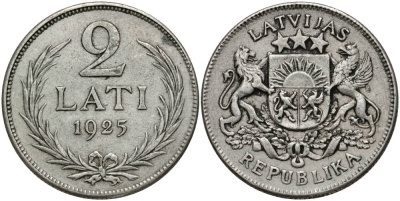 Латвия 2 лата 1925 Первая Республика (1918-1939) KM 8 серебро 27-1241